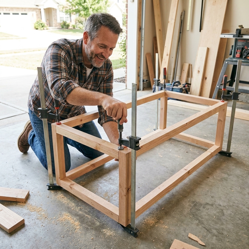 A rectangular coffee table frame made from 2x2 lumber on a garage floor, with clamps holding the corners square