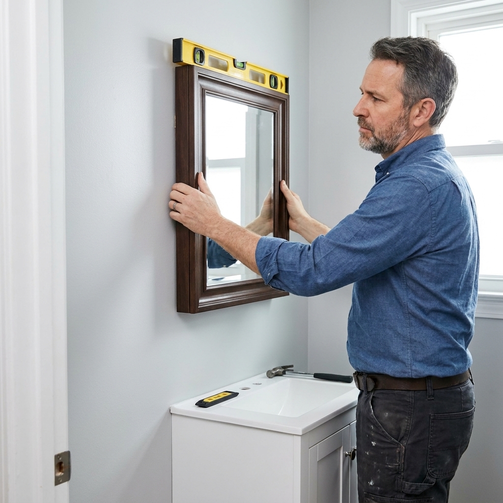 A rectangular framed mirror being held against a freshly painted powder room wall above a small vanity, with a level resting on top