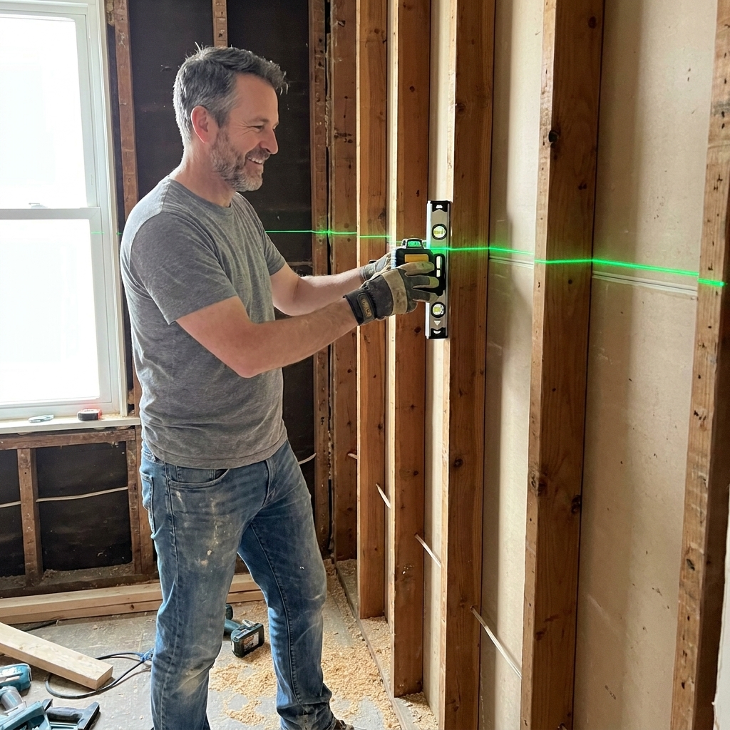 A remodel room with open wall studs and a green laser level line running across the framing as a layout reference