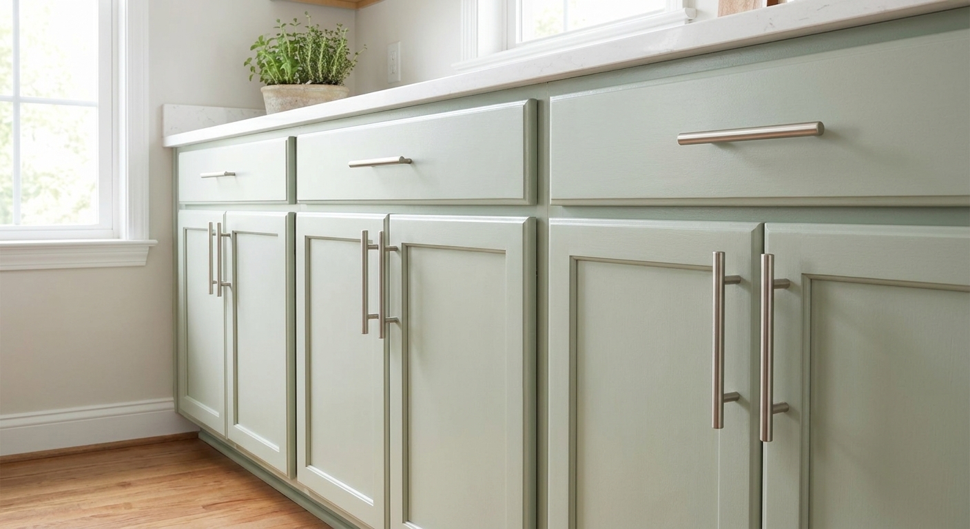 A row of freshly painted kitchen cabinets with new brushed nickel bar pulls, photographed in natural window light