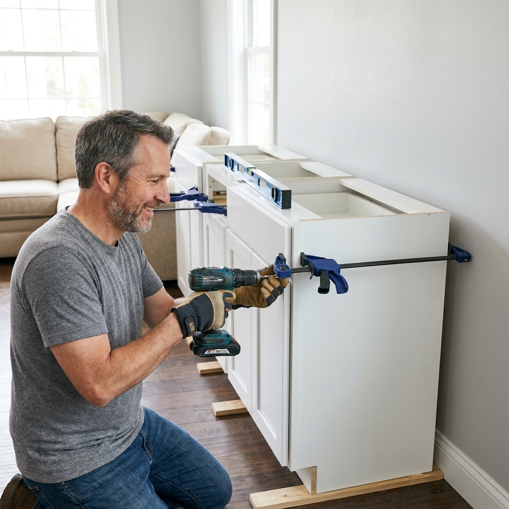 DIY Built-In Living Room Shelves With Stock Cabinets