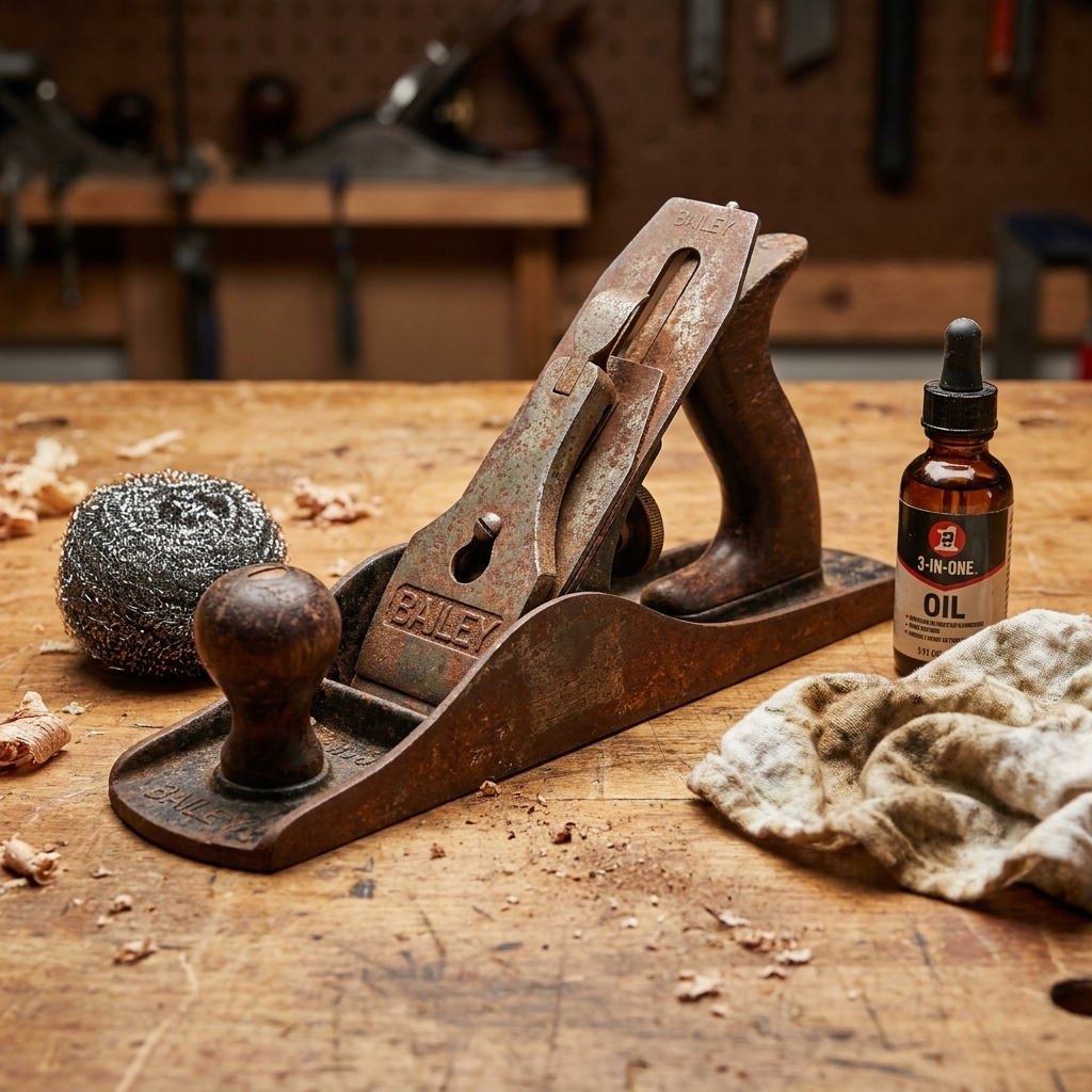 A rusty vintage hand plane sitting on a workbench next to steel wool, a small bottle of oil, and a rag, ready for rust removal