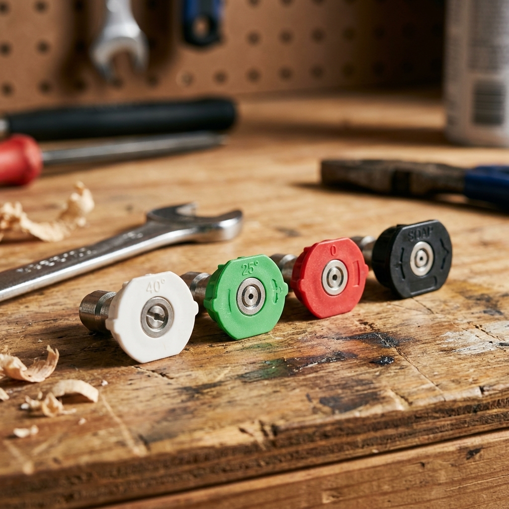 A set of pressure washer spray tips laid out on a workbench, including a 40-degree tip and a 25-degree tip