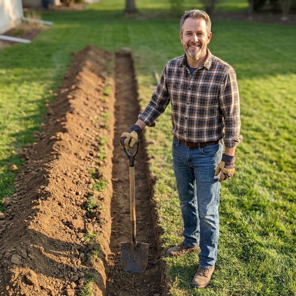 A shallow trench dug through a lawn for a paver walkway, with soil piled neatly along one side and a shovel resting nearby