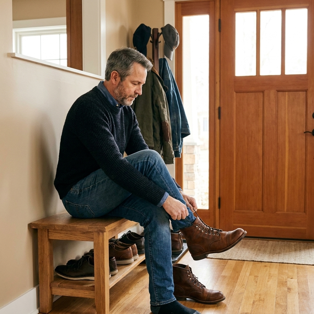 A simple wooden entryway bench with a lower shoe shelf placed against a wall near a front door