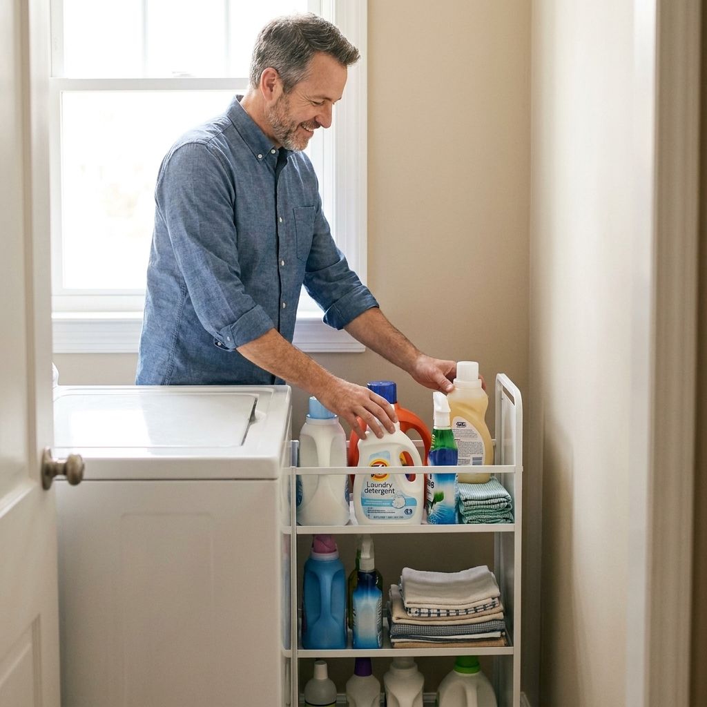 A slim rolling storage cart positioned between a washer and a wall in a small laundry room, holding detergent and cleaning supplies
