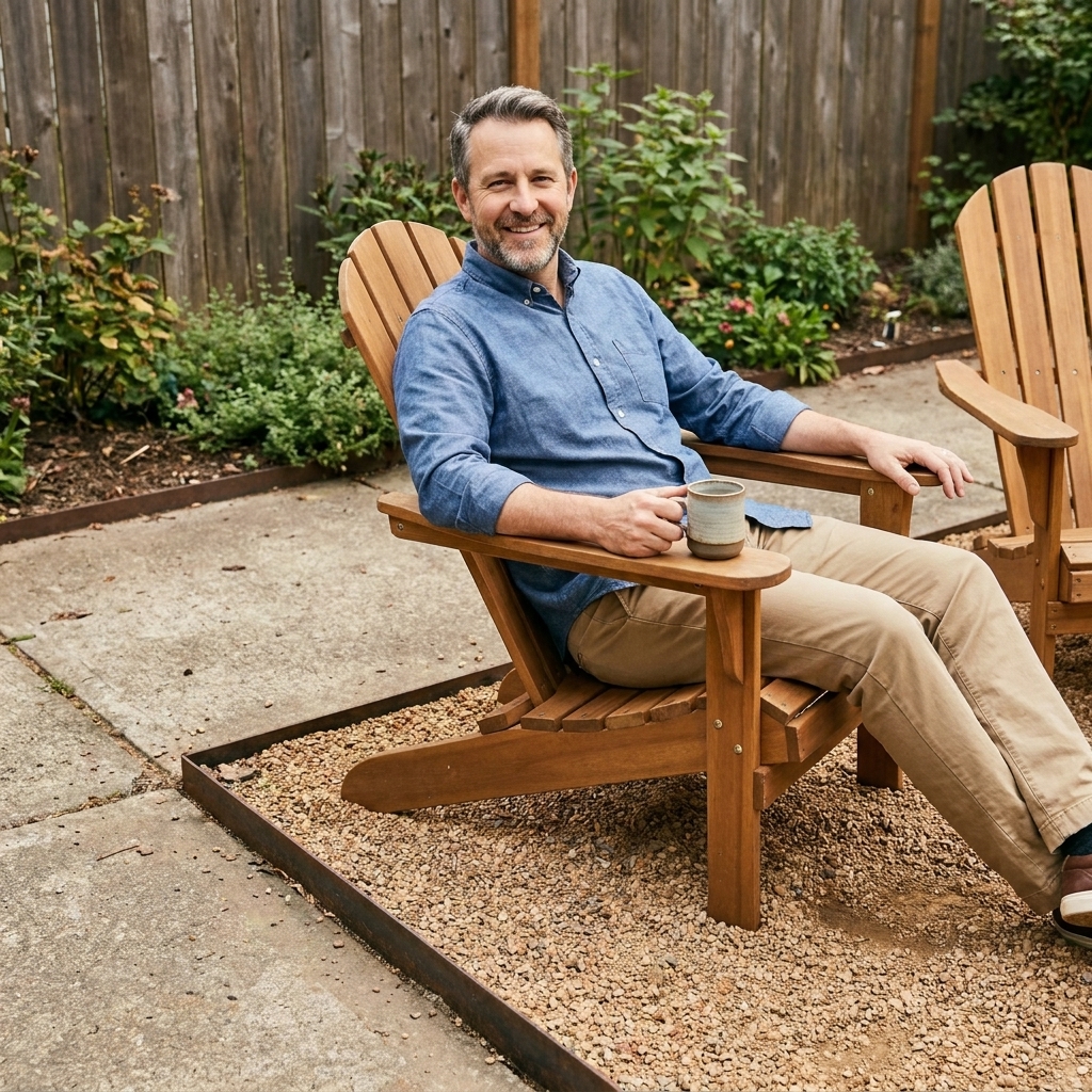 A small backyard seating area next to a concrete patio, finished with compacted crushed stone and bordered by simple metal edging