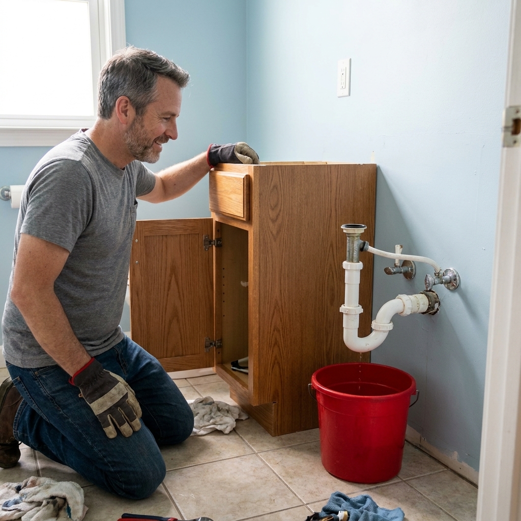 A small bathroom vanity partially pulled away from the wall with a bucket underneath and the P-trap disconnected, showing exposed plumbing
