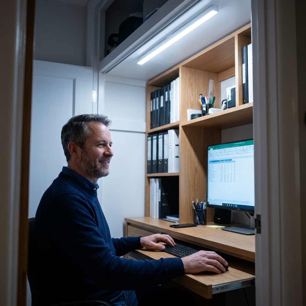 A small closet office with a bright slim LED ceiling light illuminating a built-in desk and a monitor
