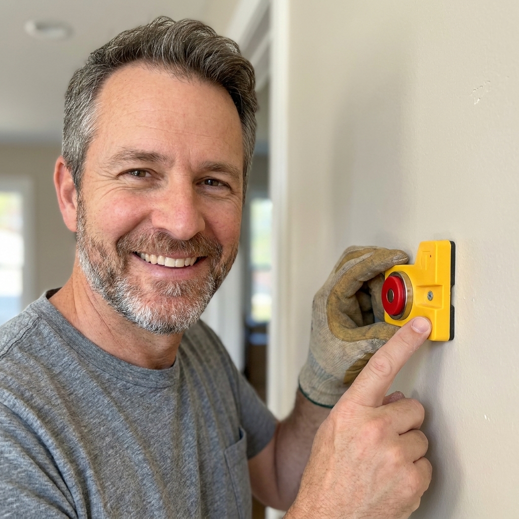 A small magnetic stud finder stuck to a painted wall where it has found a drywall screw beneath the surface