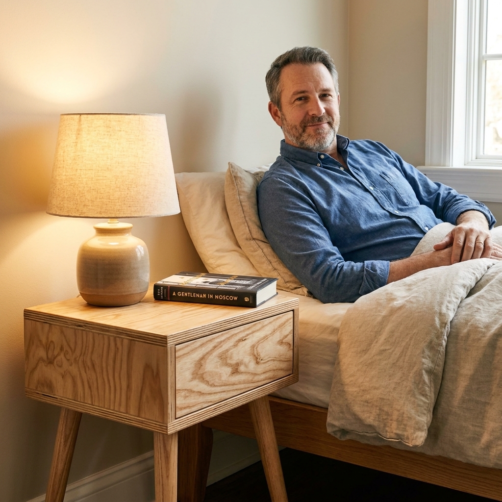 A small plywood bedside table with tapered wooden legs next to a bed, with a lamp and book on top
