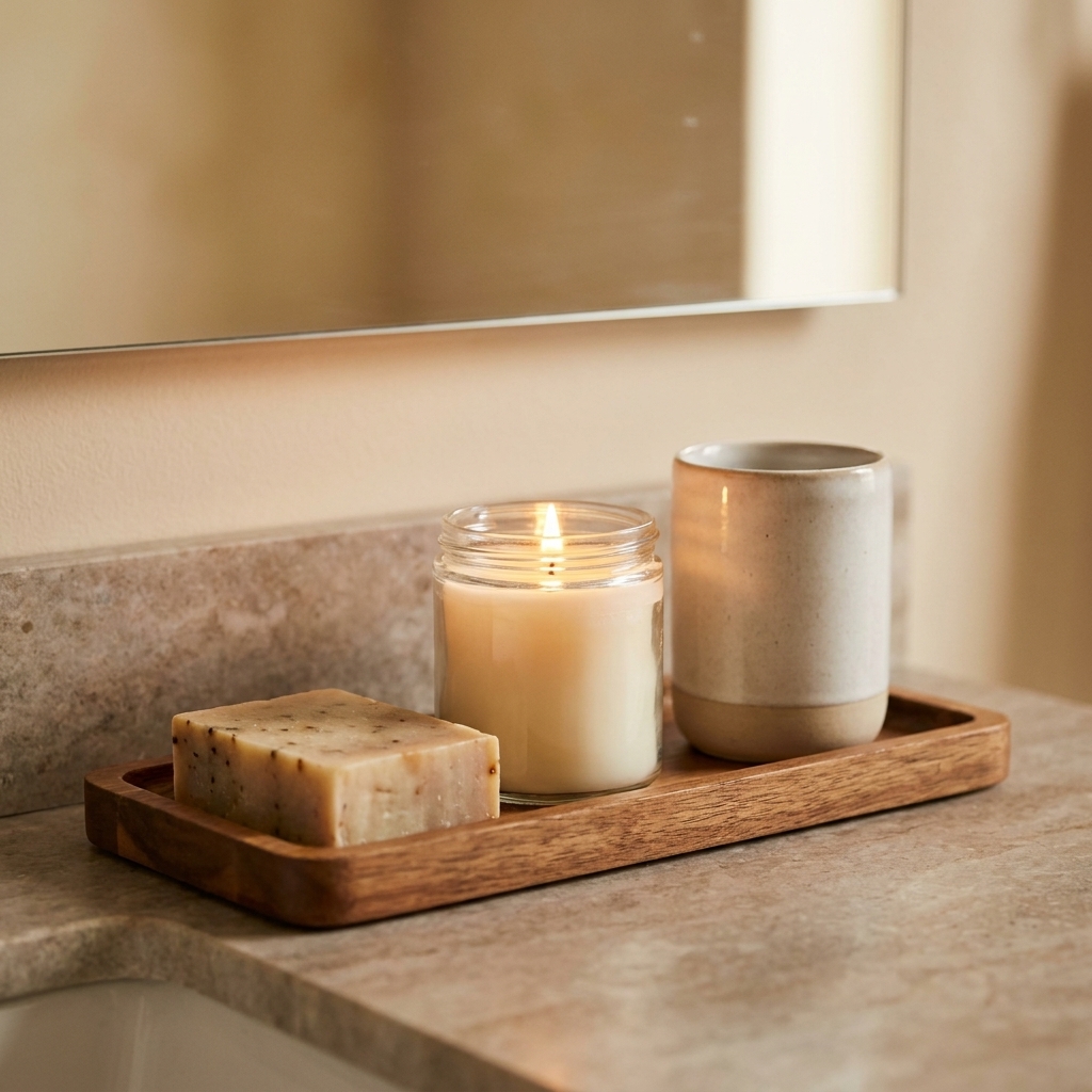 A small rectangular wooden tray on a bathroom vanity holding soap, a candle, and a toothbrush cup