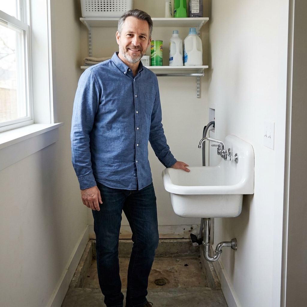 A small wall-mounted utility sink in a narrow laundry room with a simple faucet and open floor space beneath it