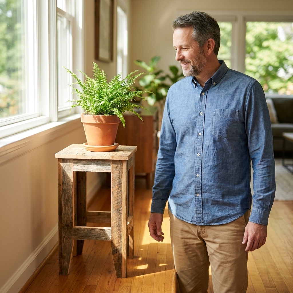 A small wooden plant stand holding a potted plant near a sunny window on a hardwood floor