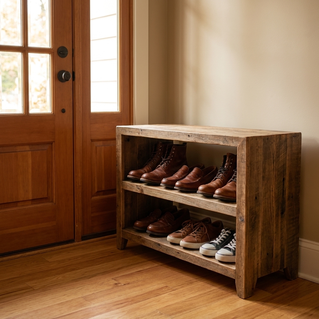 A small wooden shoe rack with two shelves placed in an entryway near a front door with shoes neatly stored