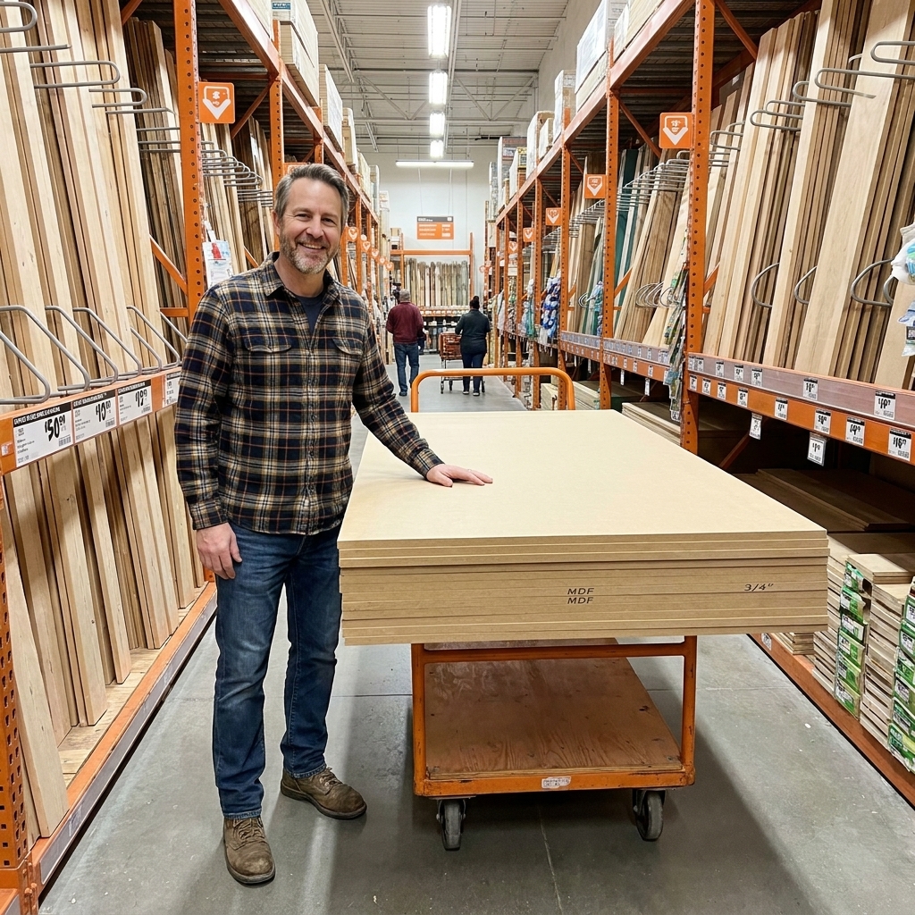A stack of 3/4-inch MDF sheets resting on a lumber cart inside a store lumber aisle