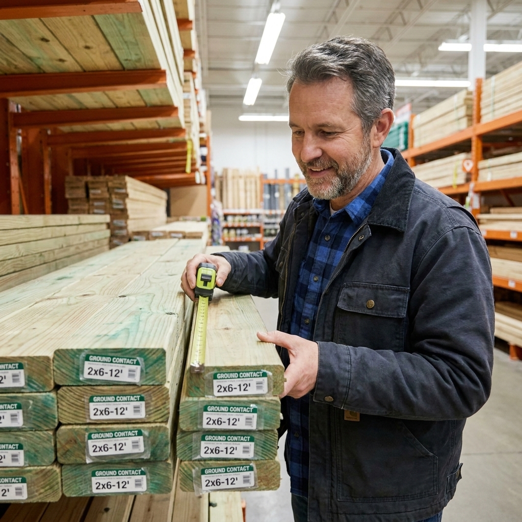 A stack of pressure-treated ground-contact lumber boards at a home improvement store, showing end tags and a slight greenish tint