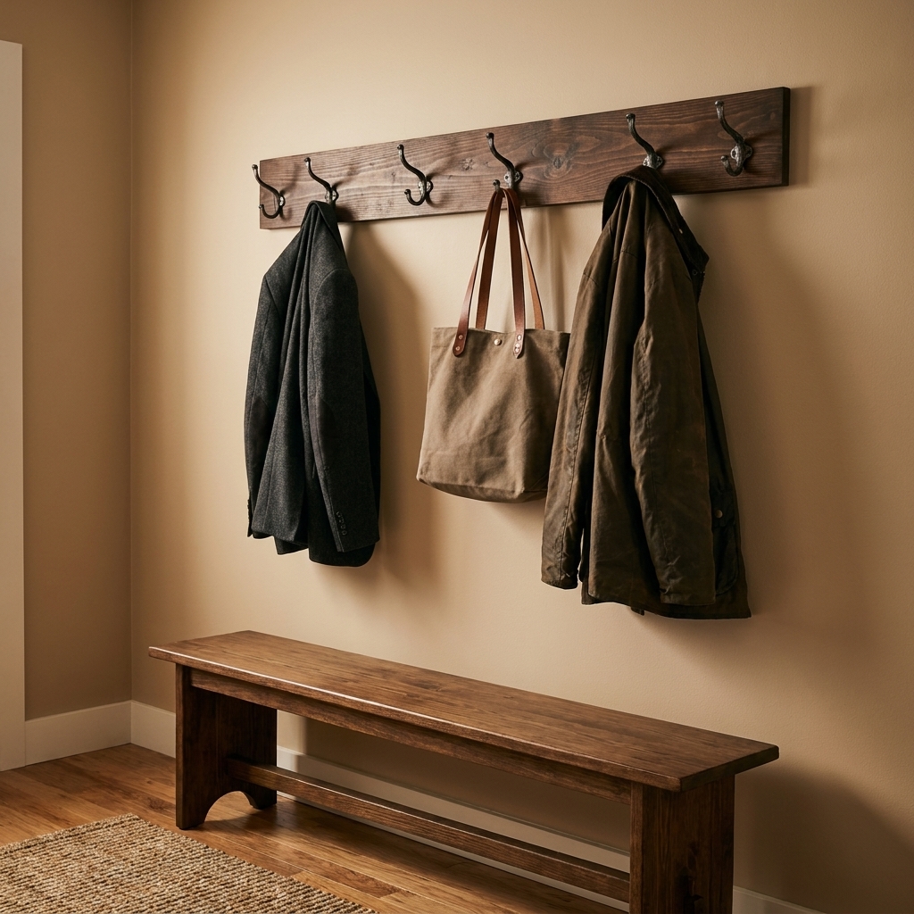 A stained wooden coat rack mounted in an entryway with metal hooks holding jackets and a tote bag