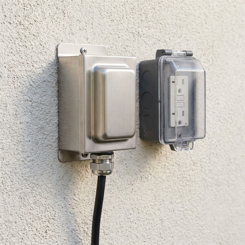 A stainless low-voltage landscape lighting transformer mounted on an exterior wall near an outdoor GFCI outlet with cable exiting through a weatherproof strain relief