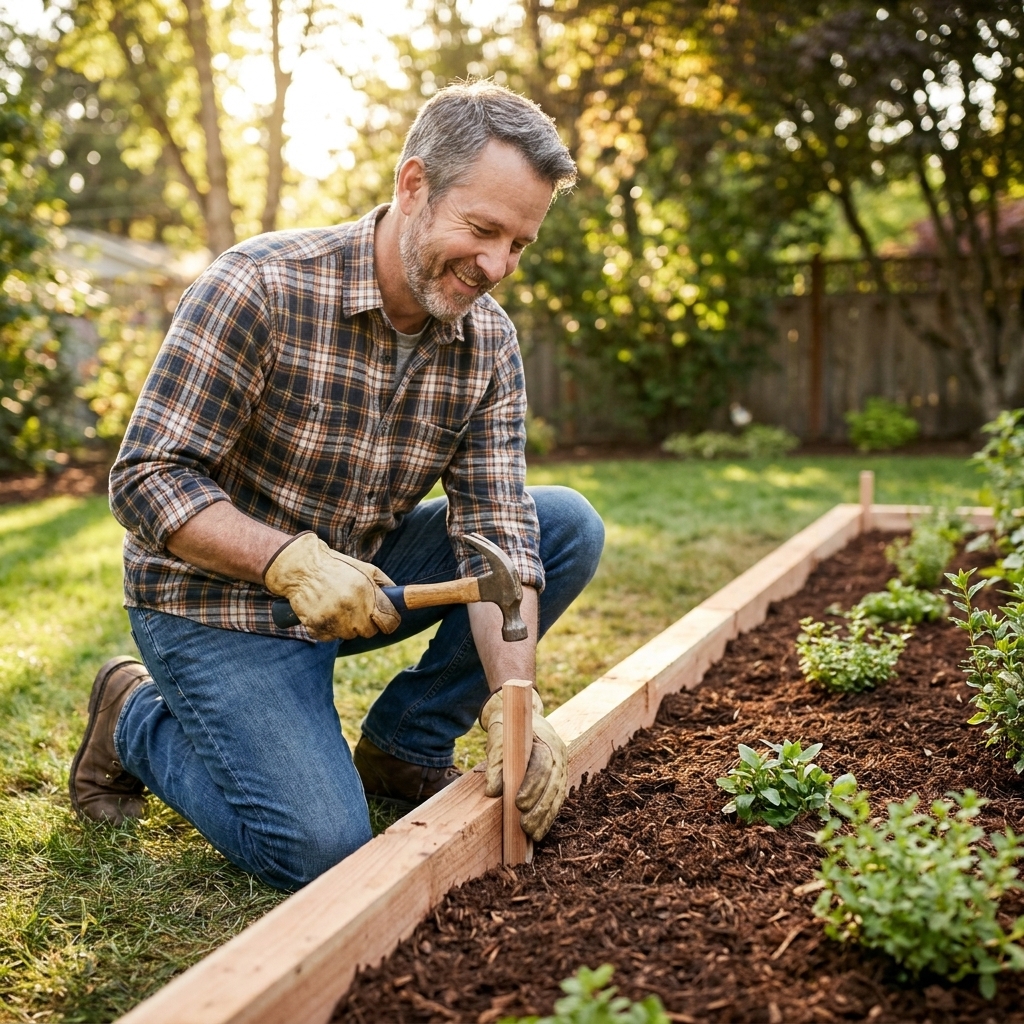 A straight cedar timber border edging a garden bed, with wood stakes on the inside and dark mulch against the boards in a backyard setting
