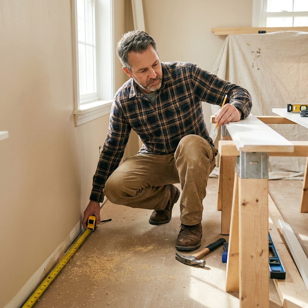 A tape measure stretched along a wall base while a pencil marks a measurement on a trim board resting on sawhorses