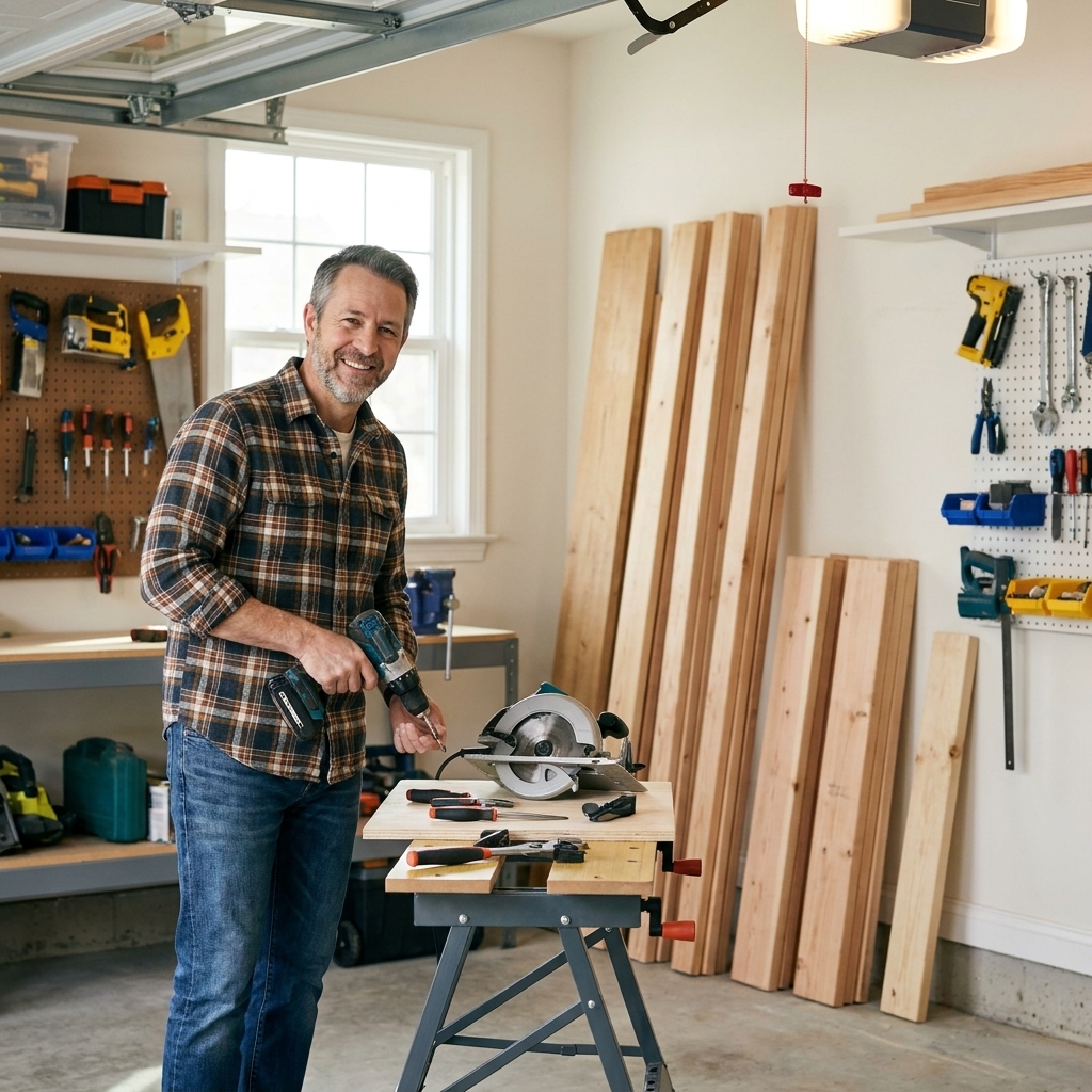 A tidy garage workshop with a small workbench, a cordless drill, a circular saw, and neatly stored lumber leaning against the wall