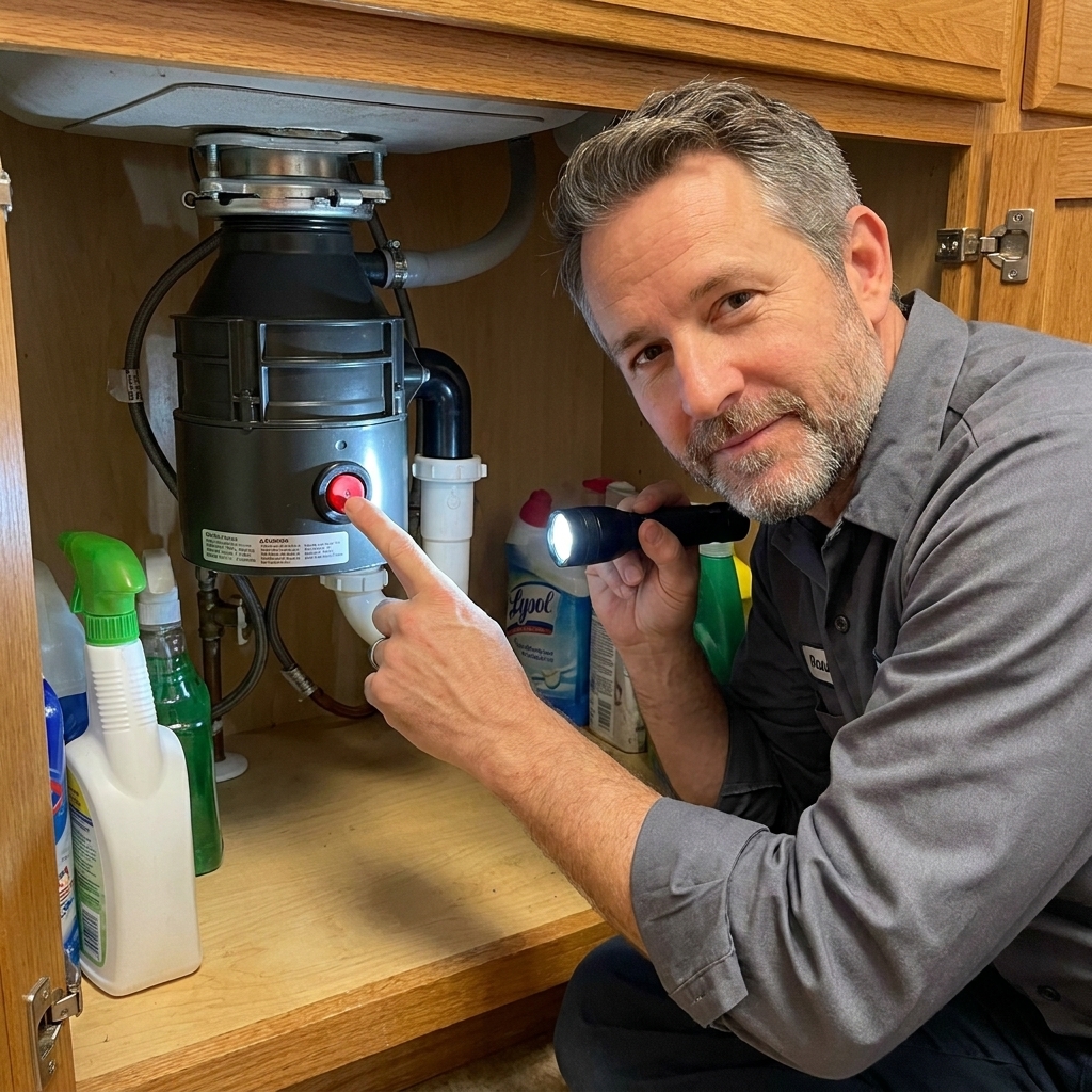 A view under a kitchen sink showing the bottom of a garbage disposal with a red reset button visible