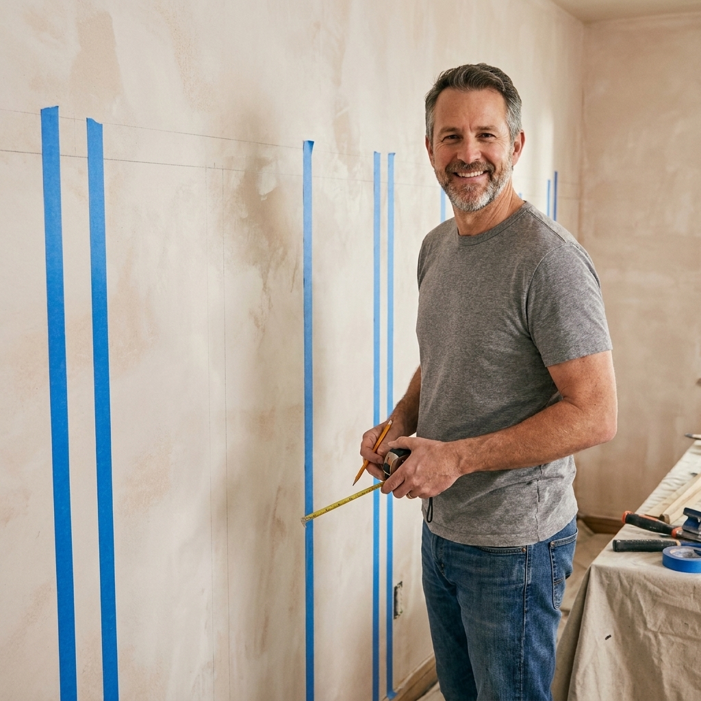 A wall marked with blue painter's tape showing vertical batten placement lines and a penciled level line for a top rail