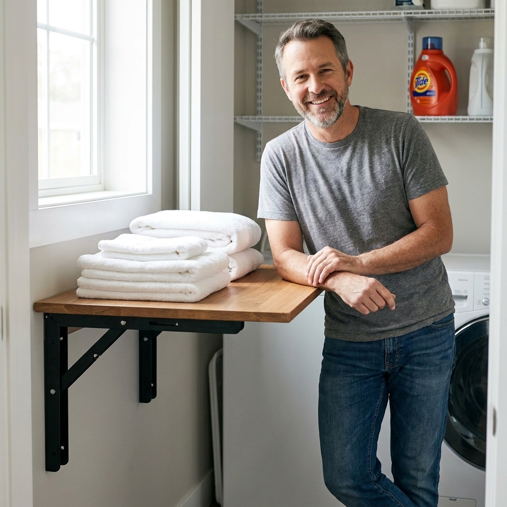 A wall-mounted folding table in a small laundry room, shown in the open position with folded towels on top and sturdy brackets underneath