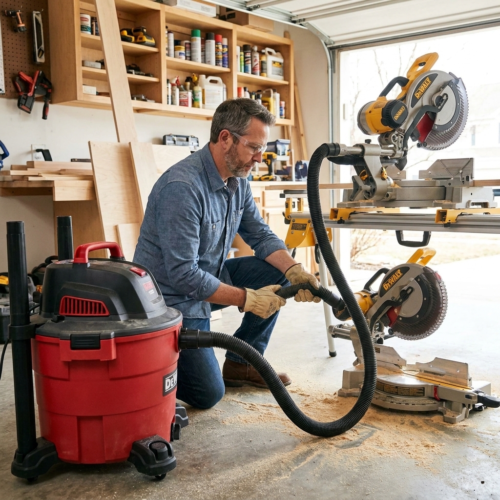 A wet/dry shop vacuum connected by hose to a miter saw in a home garage workshop with sawdust on the floor
