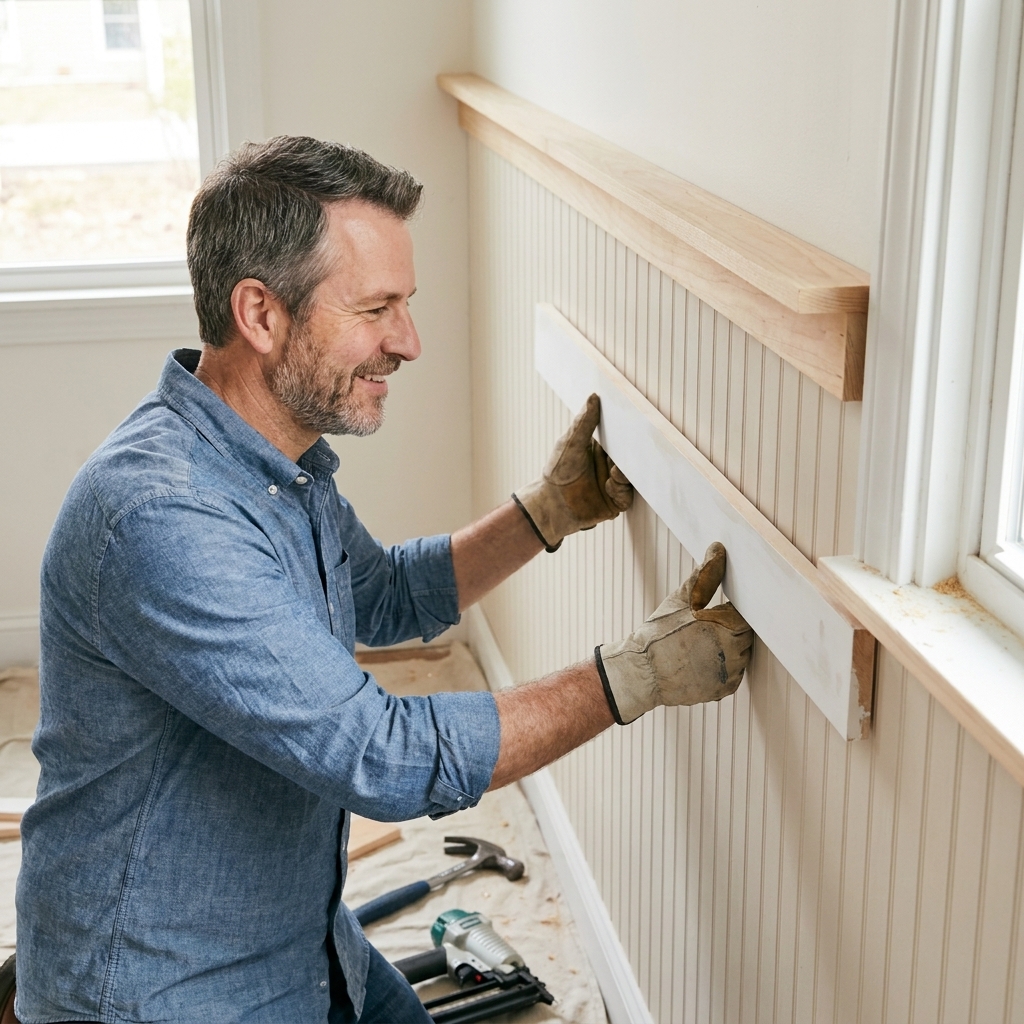 A wood top cap shelf above beadboard with simple trim pieces being test-fit before nailing
