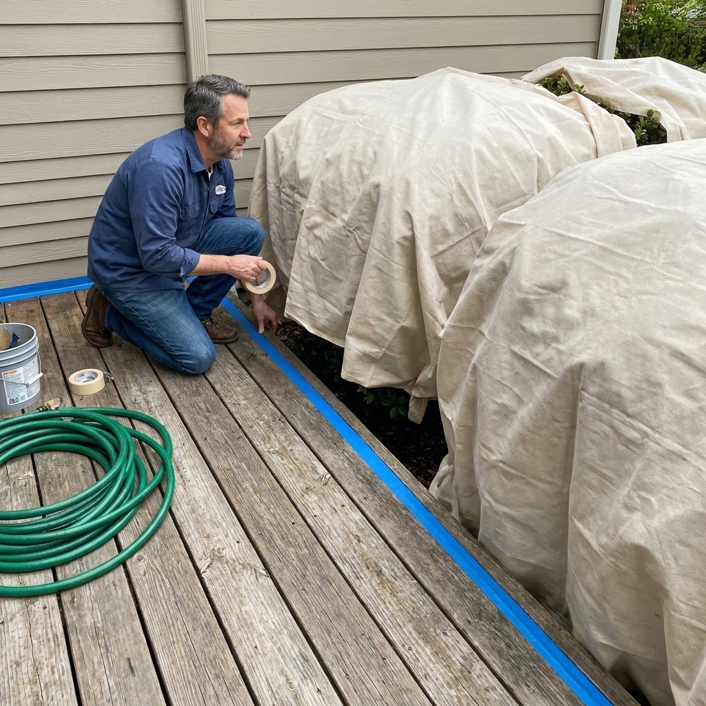 A wooden deck edge with nearby shrubs covered in breathable fabric drop cloths, with a garden hose and tape visible during prep