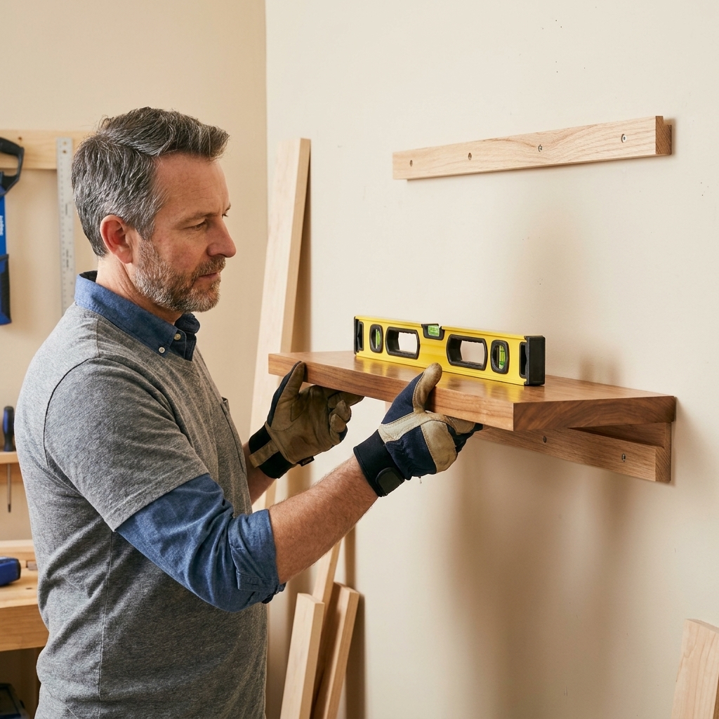 A wooden floating shelf being slid onto a wall-mounted cleat frame, with a level resting on top during installation