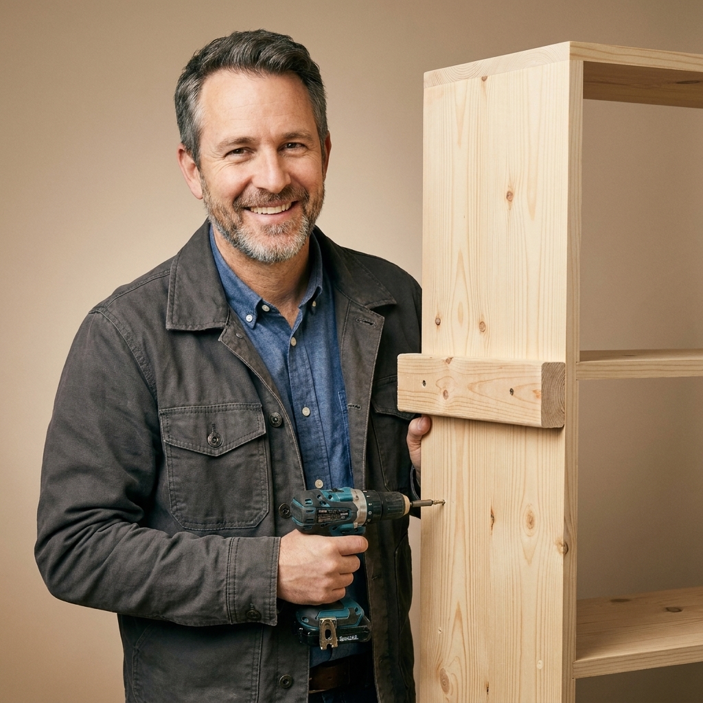 A wooden shelving unit viewed from the back with a 2x4 brace being screwed across the rear legs.