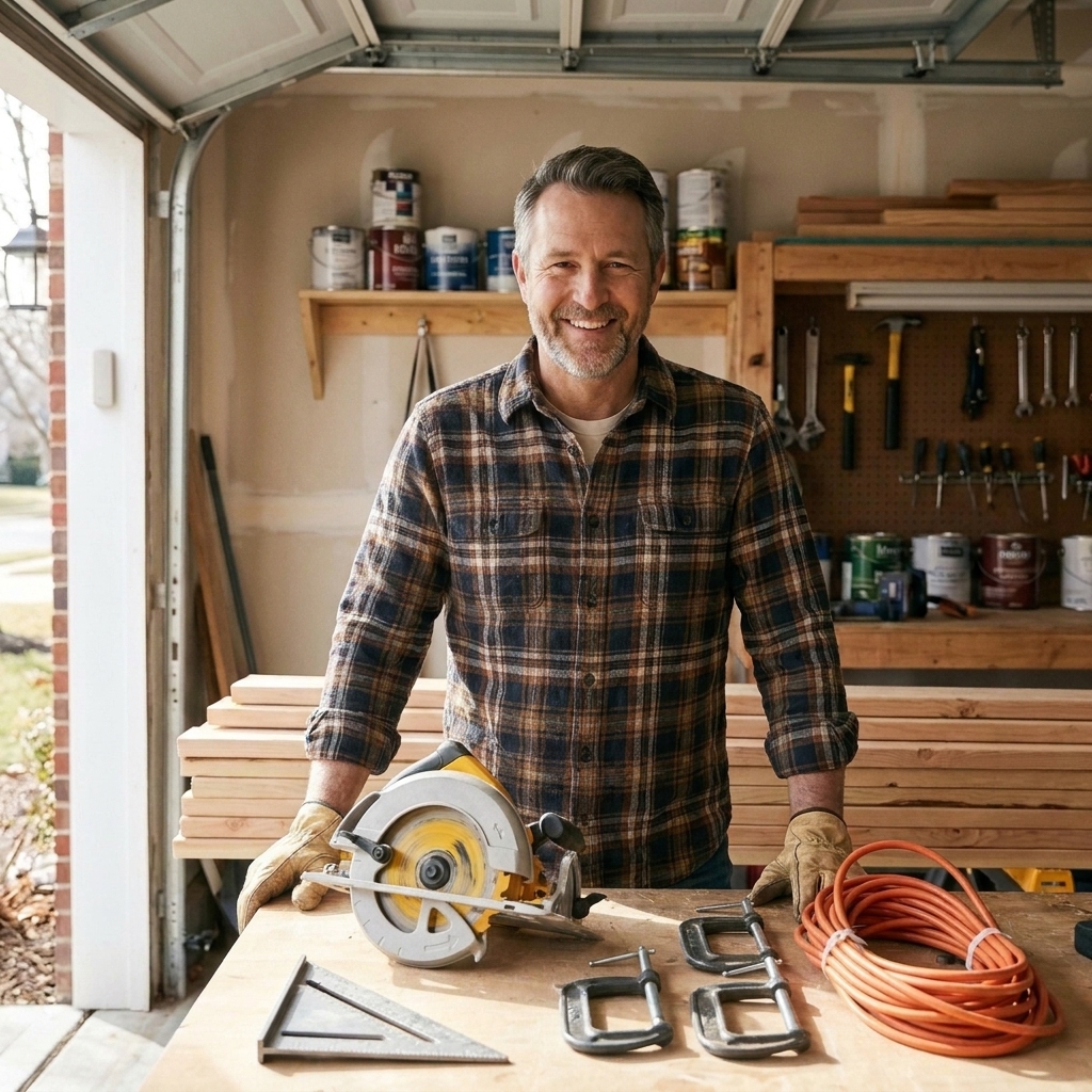 A workbench with a circular saw, speed square, clamps, and a neatly coiled extension cord laid out for a weekend DIY project in a home garage