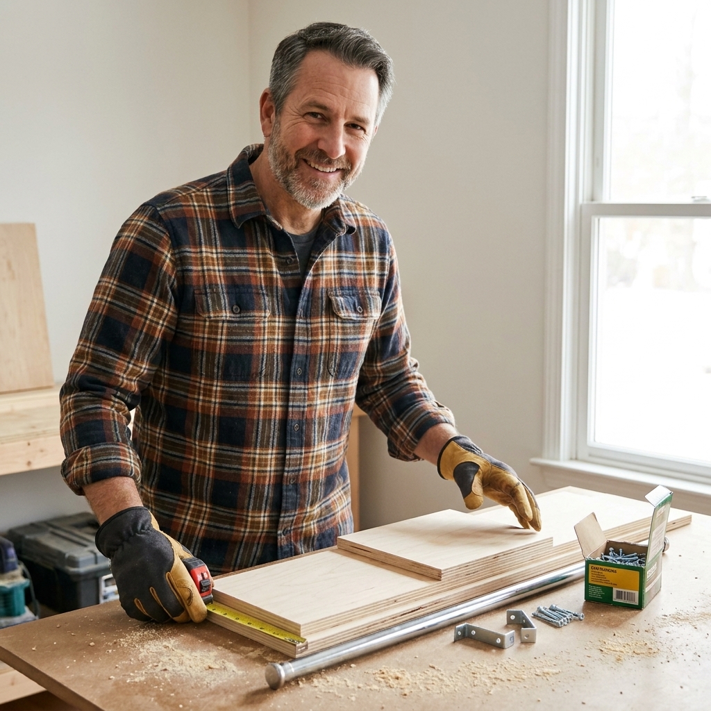 A workbench with a sheet of 3/4-inch plywood, cut shelf pieces, a closet rod, rod sockets, screws, and a tape measure laid out for a closet organizer build