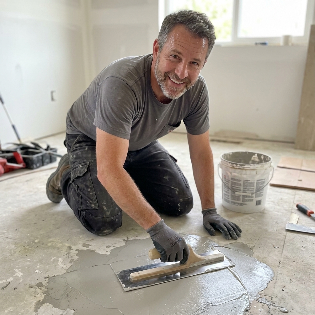 A worker smoothing subfloor patch compound with a wide trowel, feathering the edges to create a flat surface for new flooring