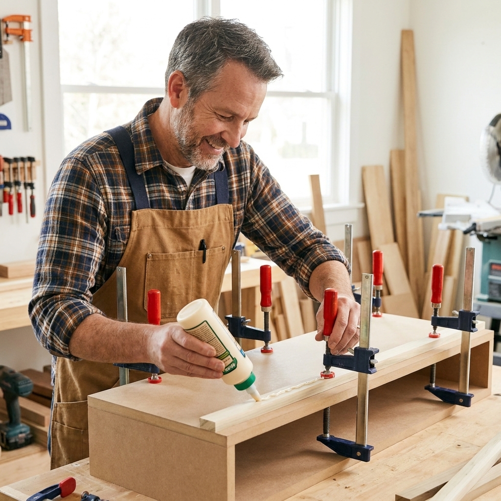 A workshop setup showing a 3/4-inch MDF shelf with a poplar 1x2 glued and clamped along the front edge