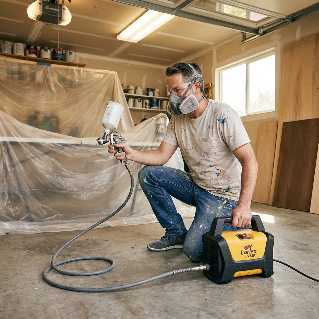 An Earlex HV5500 HVLP spray station on the floor with its hose connected to a spray gun, set up in a garage spray area