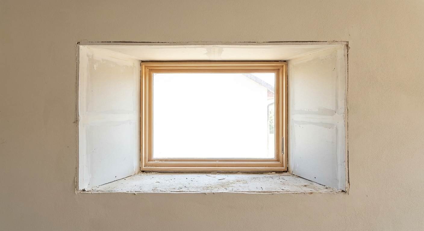 An interior window opening showing drywall returns and a recessed window frame before trim is installed, photographed straight-on