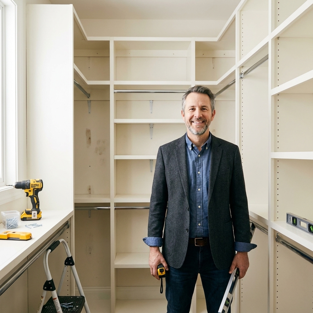 An open closet with newly installed white shelves and hanging rods, neatly spaced and anchored into studs