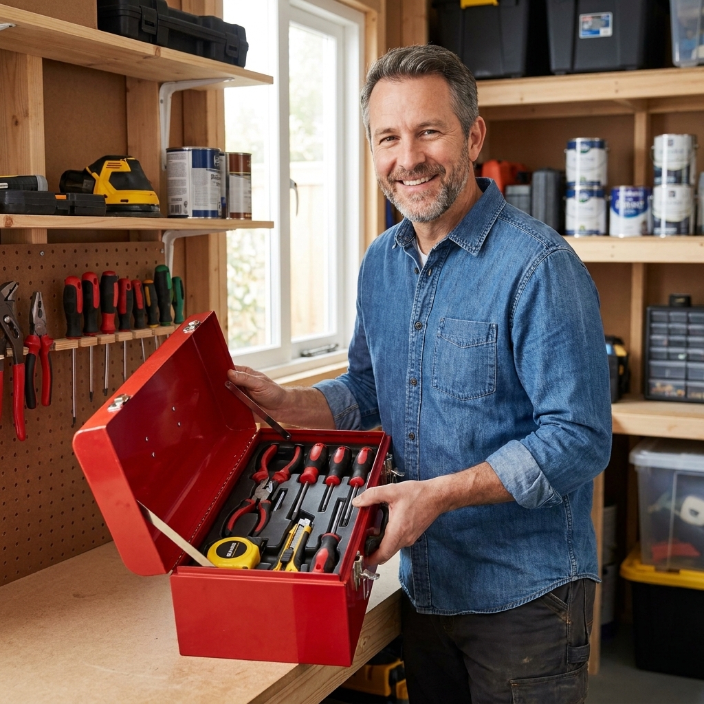 An open small homeowner toolbox with hand tools neatly organized in a garage, including pliers, screwdrivers, a tape measure, and a utility knife.