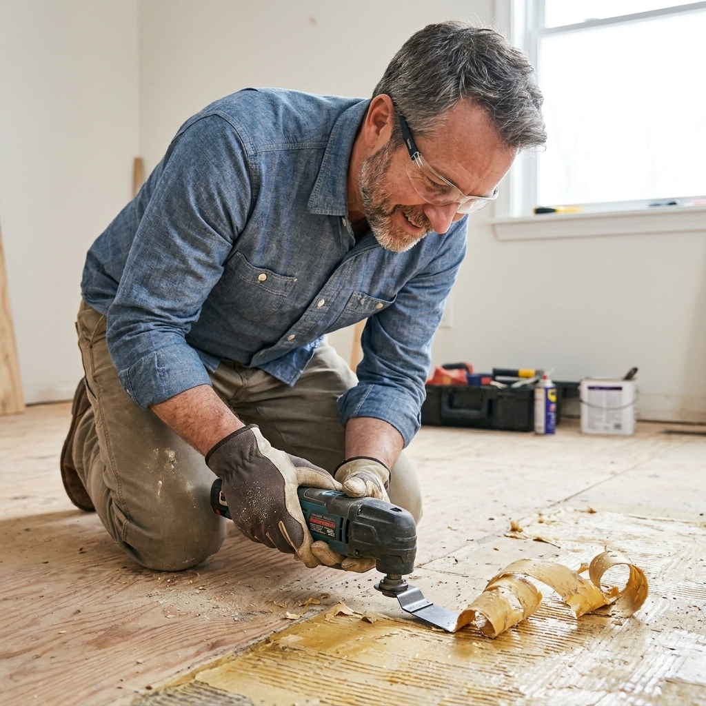 An oscillating multi-tool fitted with a rigid scraper blade removing old flooring adhesive from a plywood subfloor, with adhesive curling up ahead of the scraper