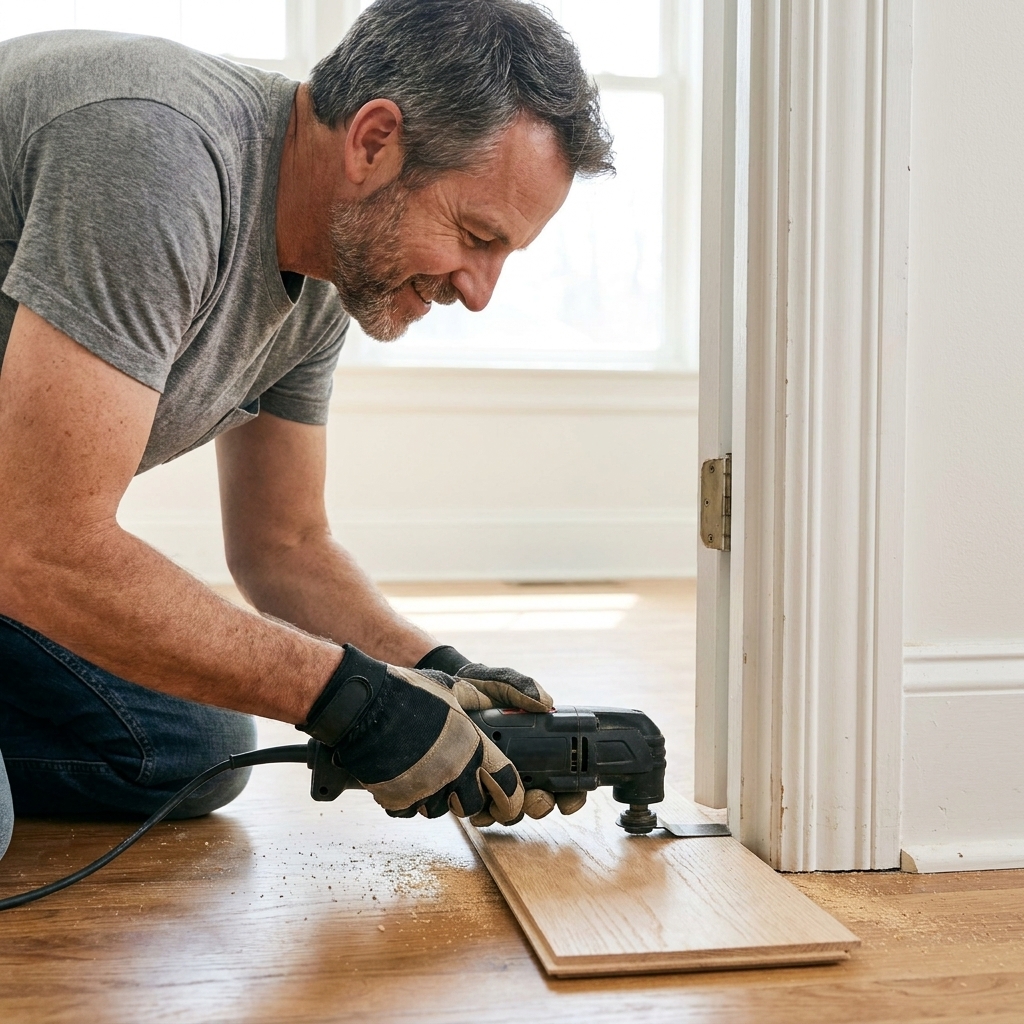 An oscillating multi-tool undercutting a painted door jamb at floor level with a wood blade, using a piece of flooring as a height guide