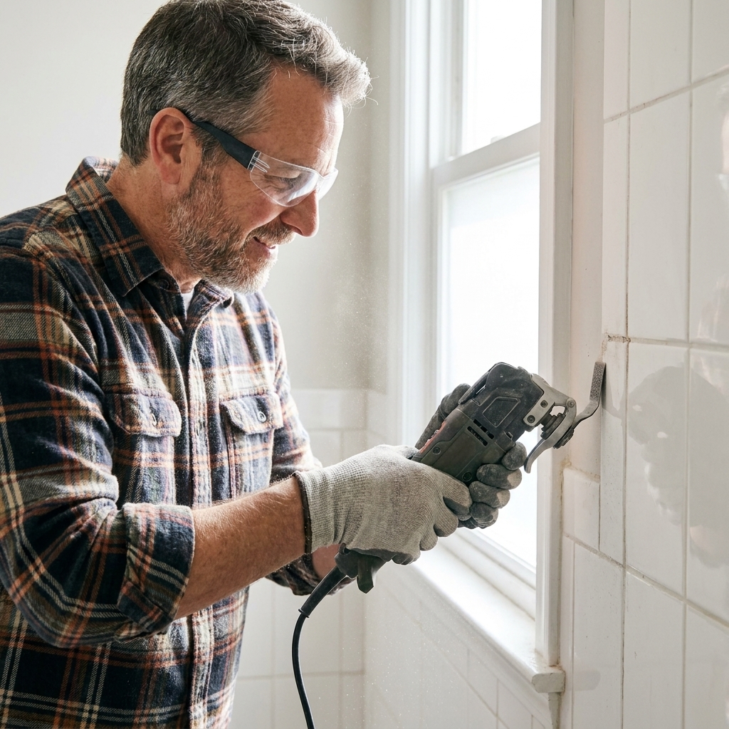 An oscillating multi-tool using a carbide grit blade to remove grout between ceramic wall tiles in a bathroom, with dust visible near the blade