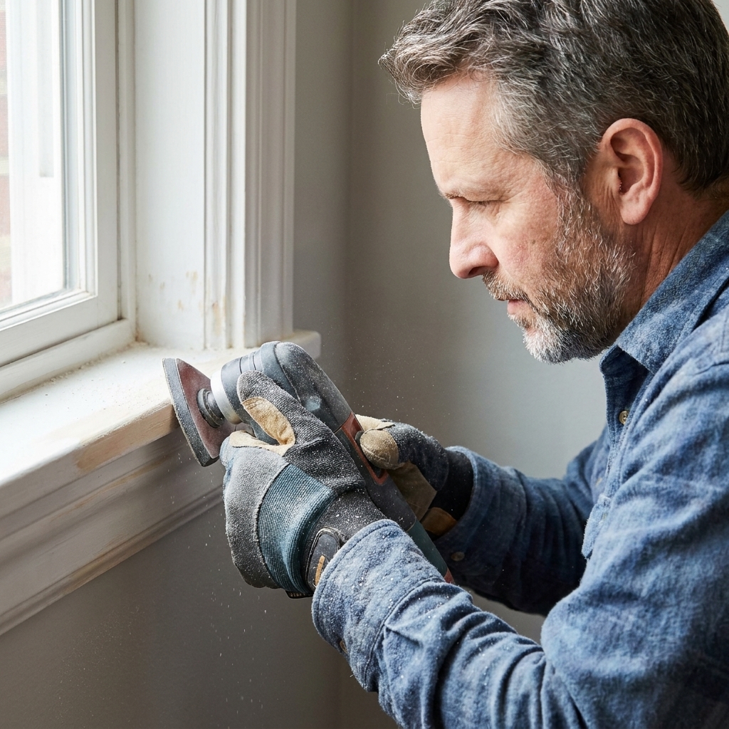 An oscillating multi-tool with a triangular sanding pad smoothing painted window trim near a corner, with fine dust on the surface