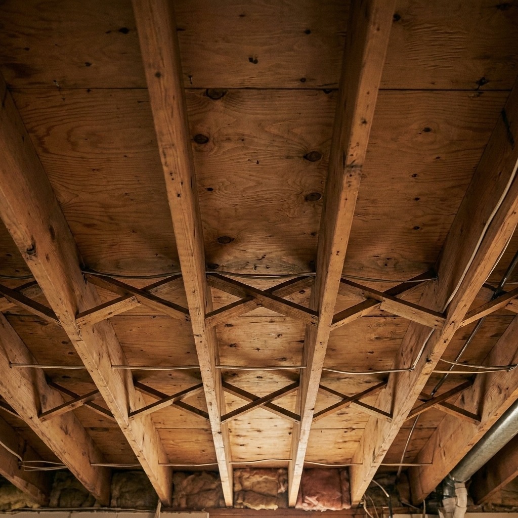 An unfinished basement ceiling showing exposed wood joists and the underside of a subfloor
