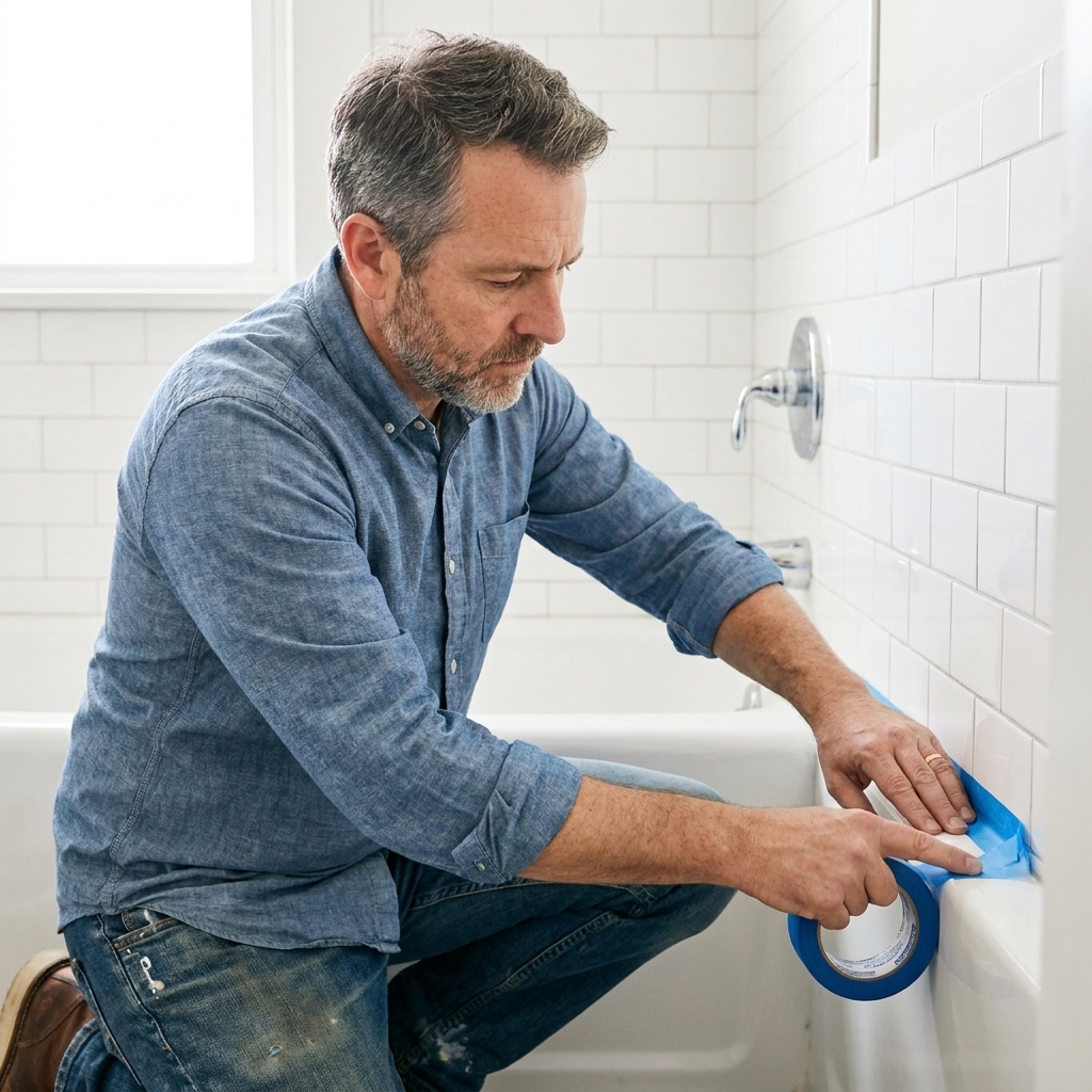 Blue painter’s tape applied along a bathtub seam to prepare for a clean caulk line