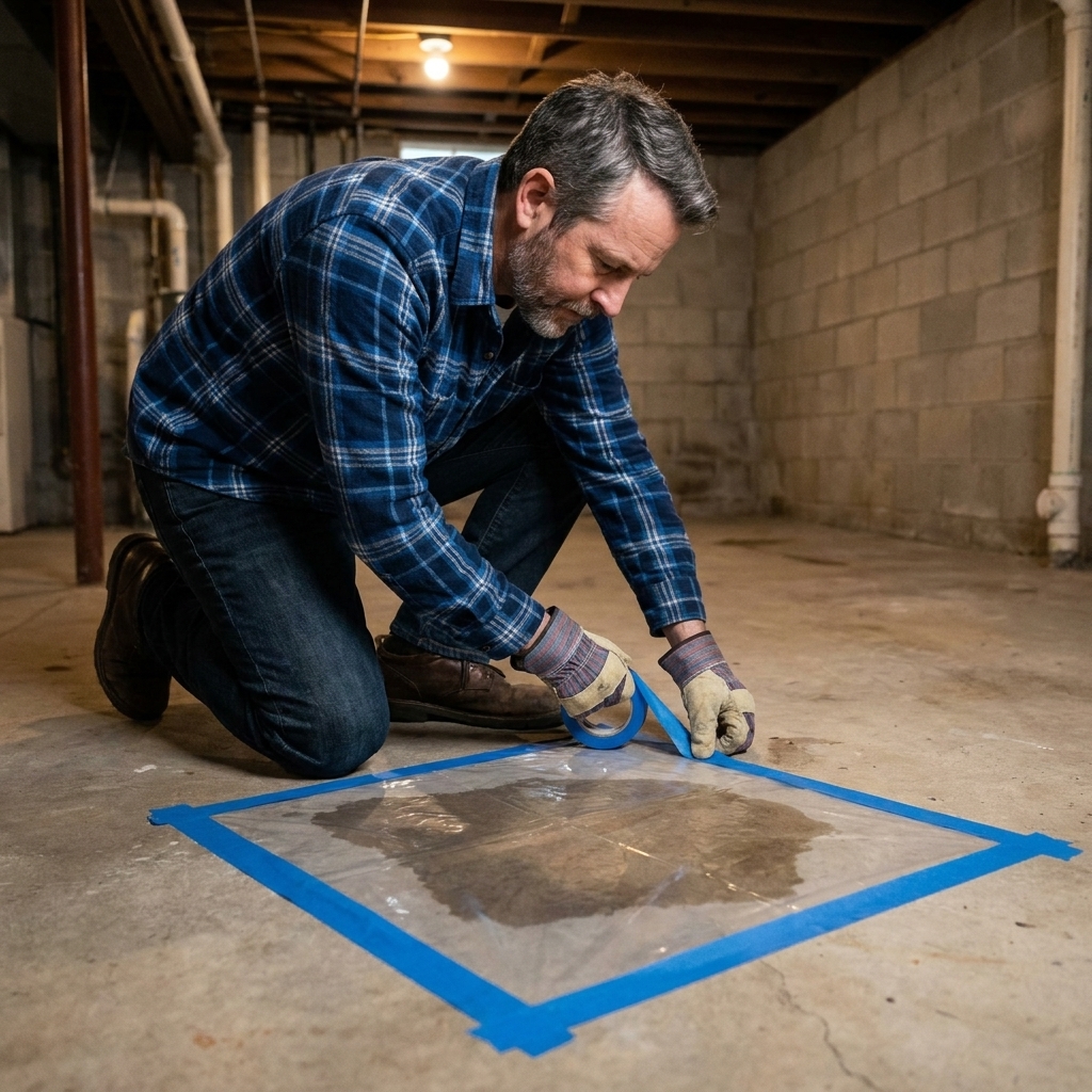 Clear plastic sheeting taped to a basement concrete slab for a moisture test, with tight tape edges and a darker area beneath