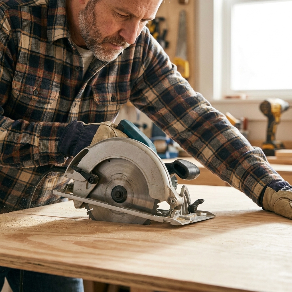 Close-up of a circular saw with the lower blade guard partially covering the blade as it rests on a sheet of plywood